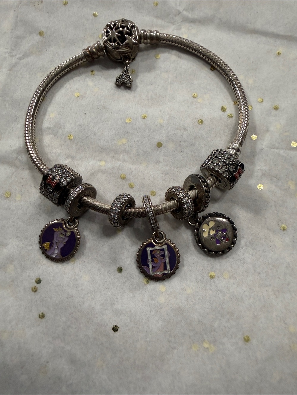 Pandora Silver Bracelet with Purple and Pink Charms